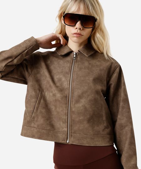 jaqueta feminina de poliuretano com zíper bege P jaqueta feminina de poliuretano com zíper bege P