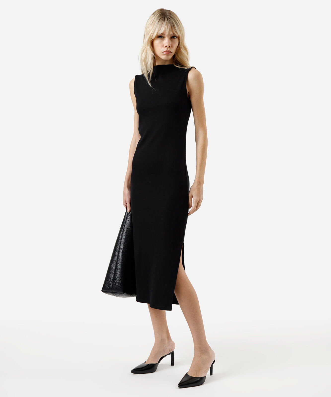vestido midi tubinho feminino de algodão com manga japonesa e fenda preto