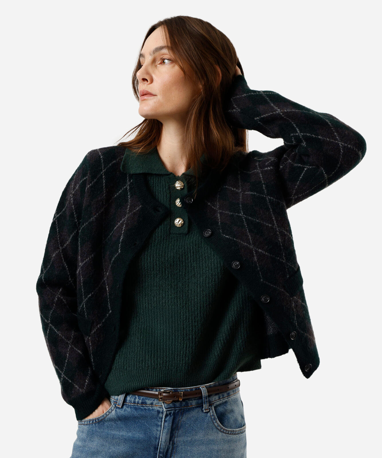 cardigan feminino de tricot xadrez argyle verde