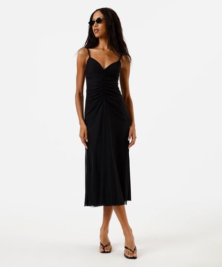 vestido midi alça fina feminino de tule franzido preto GG vestido midi alça fina feminino de tule franzido preto GG