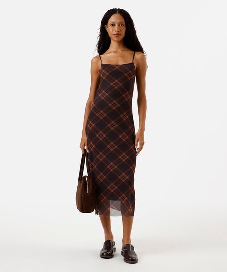 vestido midi alça fina feminino de tule xadrez marrom PP vestido midi alça fina feminino de tule xadrez marrom PP