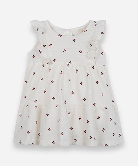 body vestido infantil com algodão e babados cerejas texturizado off white 0-3 body vestido infantil com algodão e babados cerejas texturizado off white 0-3
