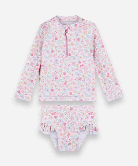 conjunto de praia infantil floral com babado colorido 9-12