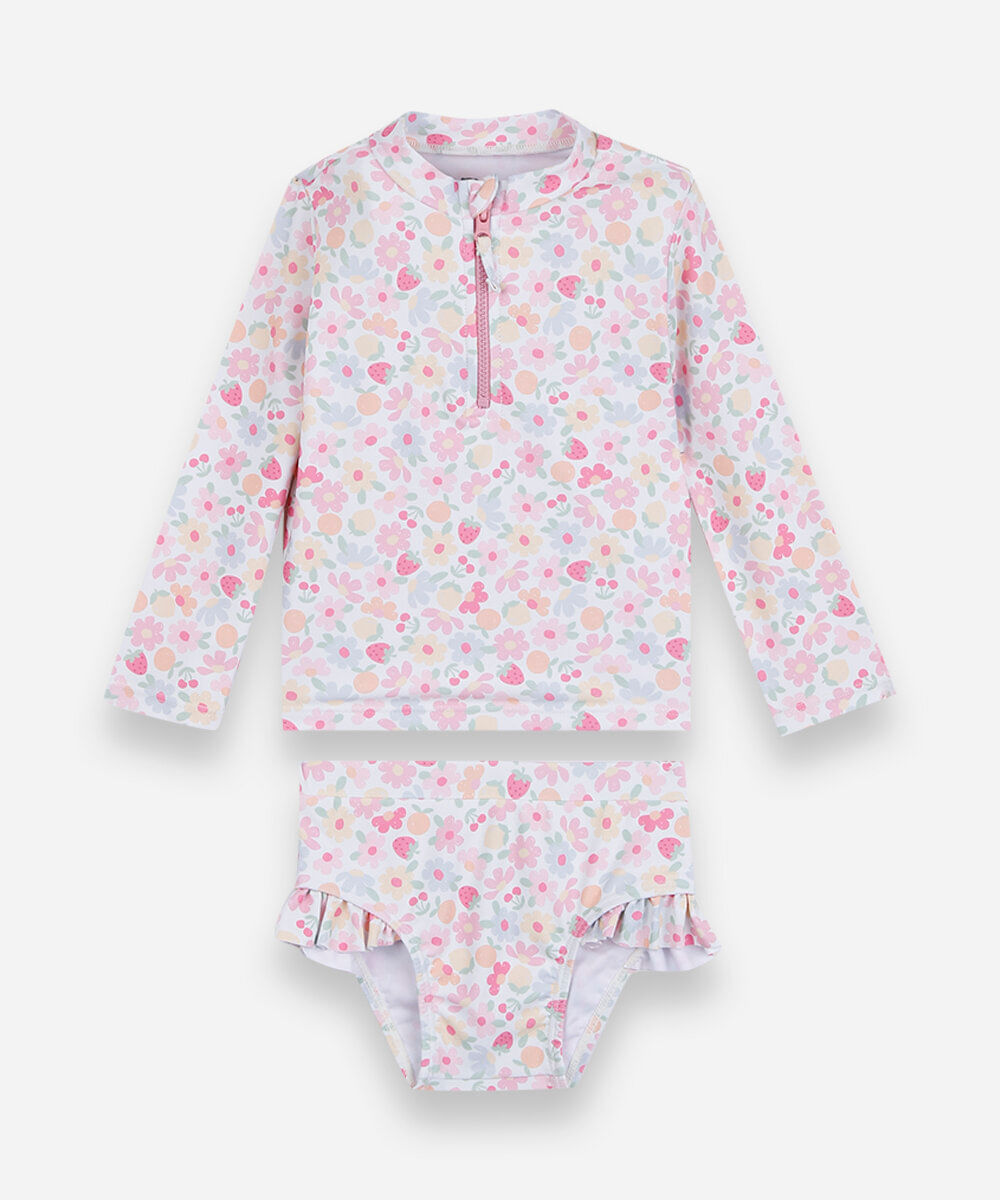 conjunto de praia infantil floral com babado colorido