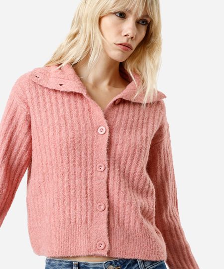cardigan feminino de tricot com lã e gola canelado rosa PP cardigan feminino de tricot com lã e gola canelado rosa PP