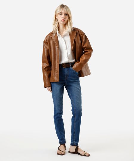 calça skinny feminina jeans com barra a fio cintura alta azul 36