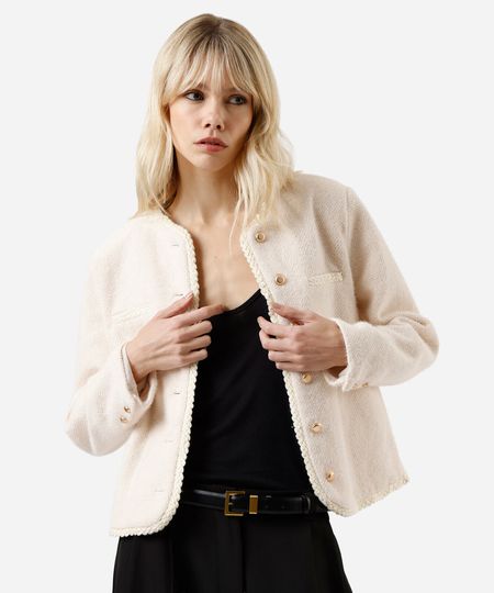casaco feminino de tweed com botões off white P casaco feminino de tweed com botões off white P