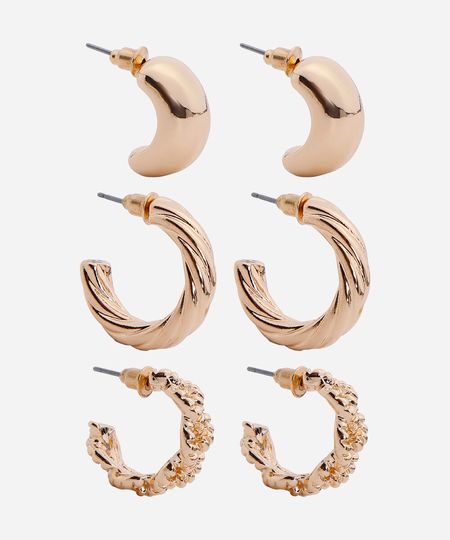 kit de 3 brincos argolas bold torcida dourado UNICO