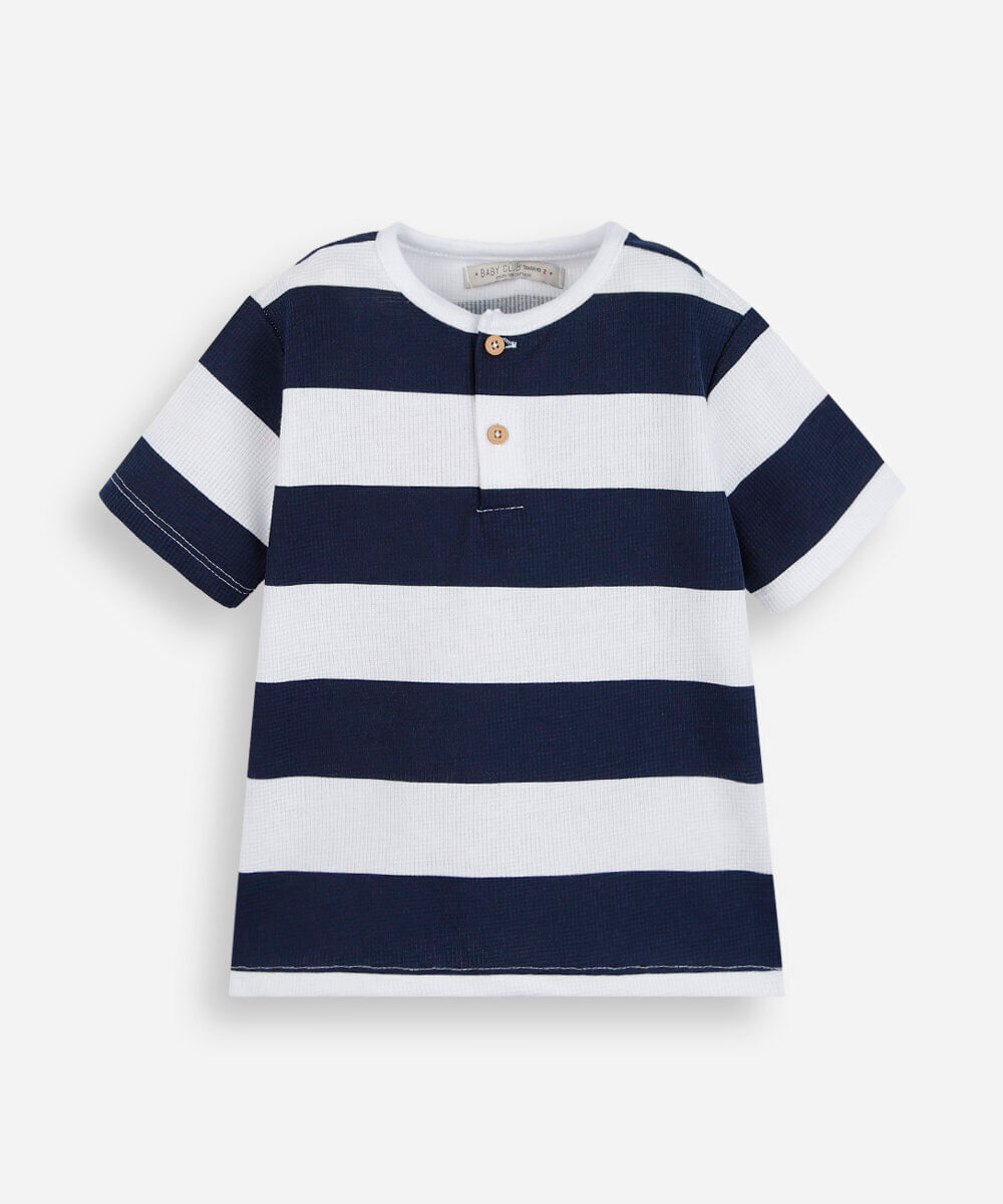 camiseta de algodão infantil texturizada e listrada azul