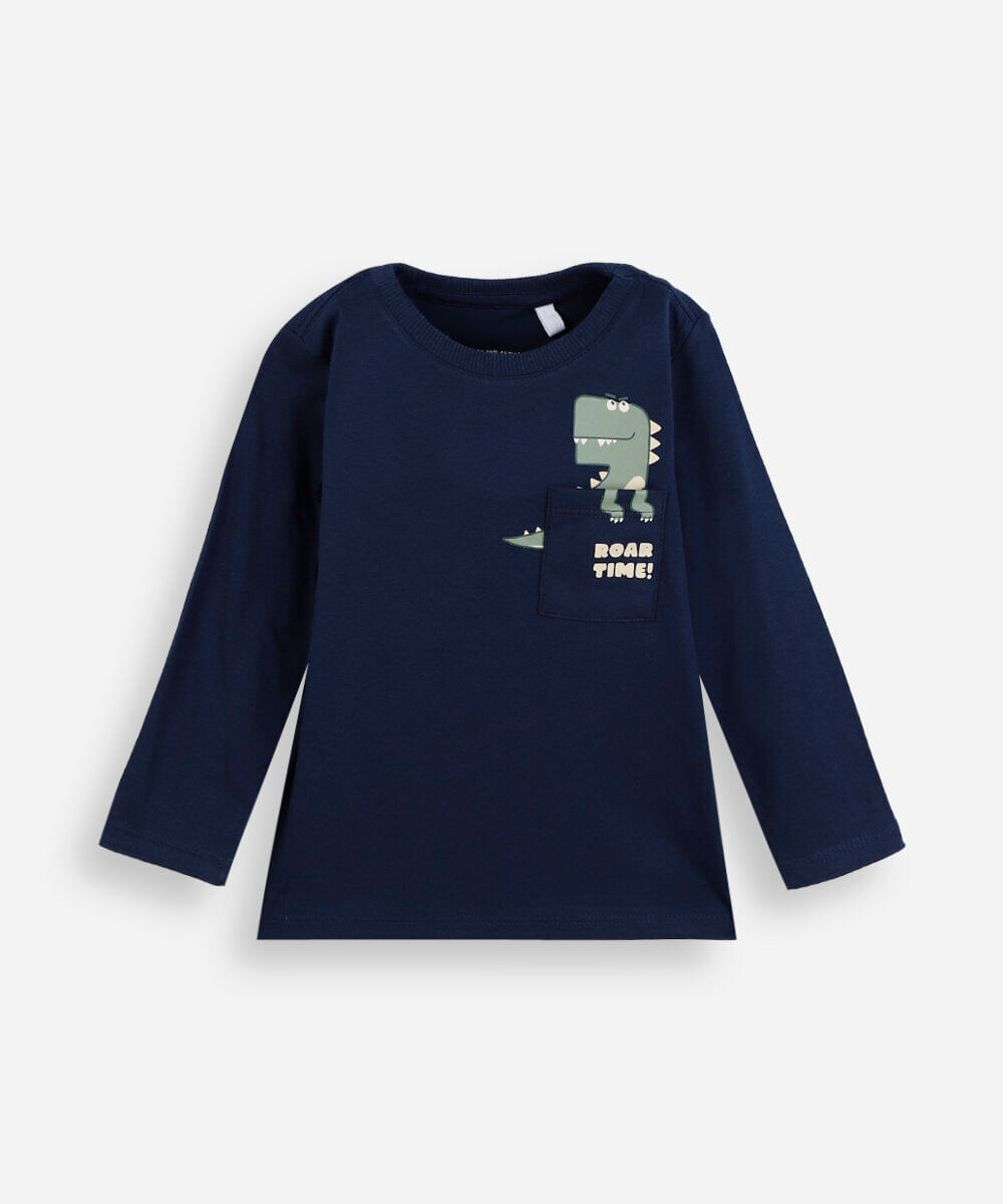 camiseta infantil de algodão manga longa dino azul