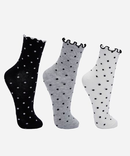 kit de 3 meias cano alto com frufru poá colorido 34-39