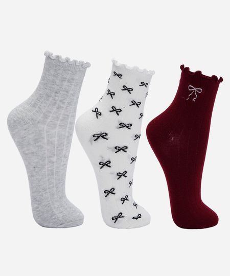 kit de 3 meias cano alto com frufu laços colorido 34-39