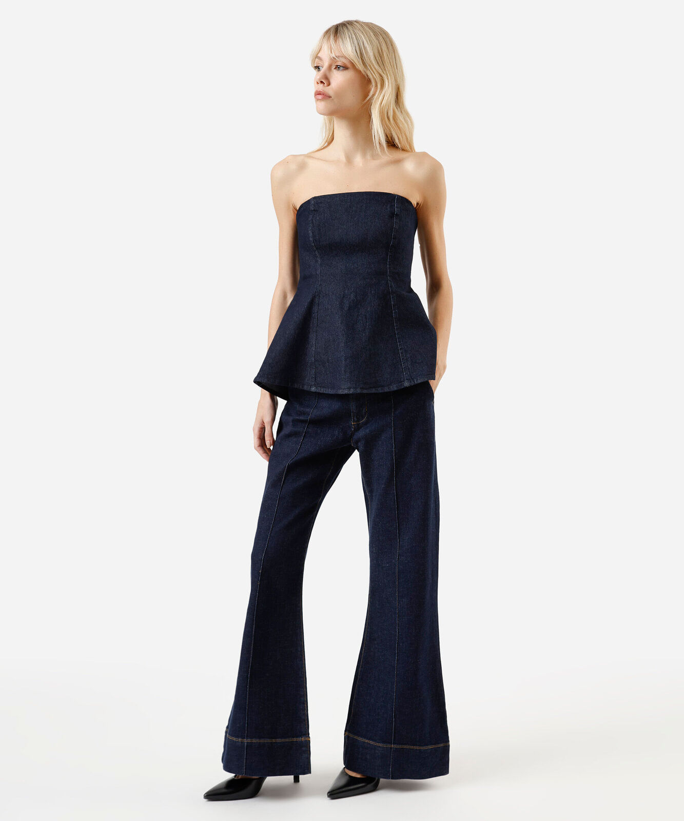 calça flare feminina jeans com nervura cintura alta azul
