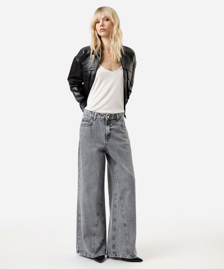 calça wide leg feminina jeans com recorte cintura baixa cinza 36 calça wide leg feminina jeans com recorte cintura baixa cinza 36