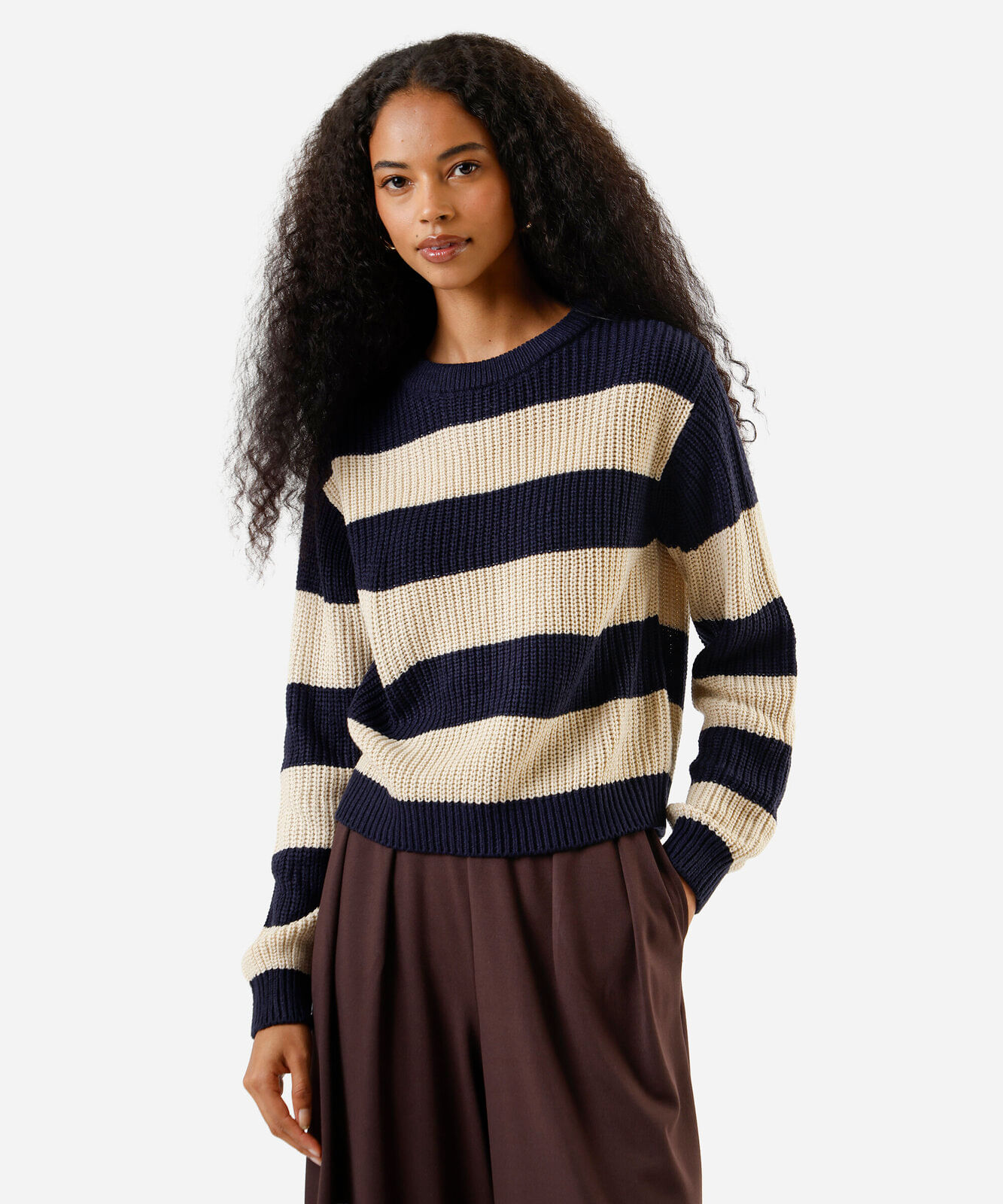 suéter feminino de tricot gola redonda listrado azul