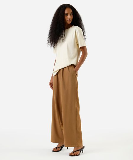 calça reta básica feminina cós elástico marrom PP