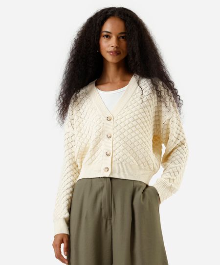 cardigan feminino de tricot texturizado off white P cardigan feminino de tricot texturizado off white P