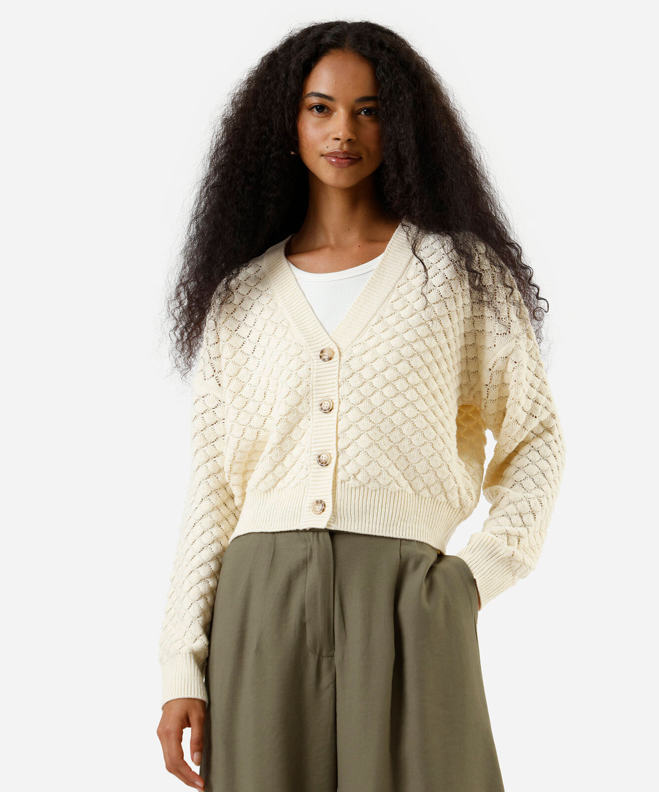 cardigan feminino de tricot texturizado off white