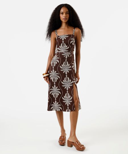 vestido midi alça fina feminino de viscose com fenda folhagem marrom PP vestido midi alça fina feminino de viscose com fenda folhagem marrom PP