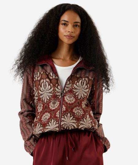 jaqueta corta vento feminina com capuz folhagens vinho PP jaqueta corta vento feminina com capuz folhagens vinho PP