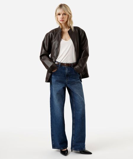 calça wide leg feminina jeans cintura média azul 40 calça wide leg feminina jeans cintura média azul 40