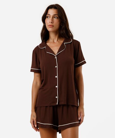 pijama americano feminino de viscose curto marrom PP