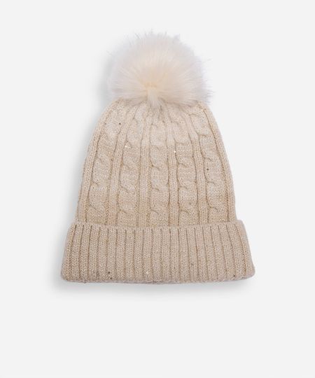 gorro infantil de tricot com paetê bege UNICO