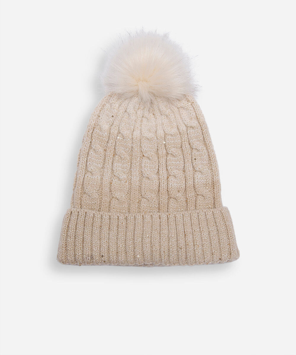 gorro infantil de tricot com paetê bege