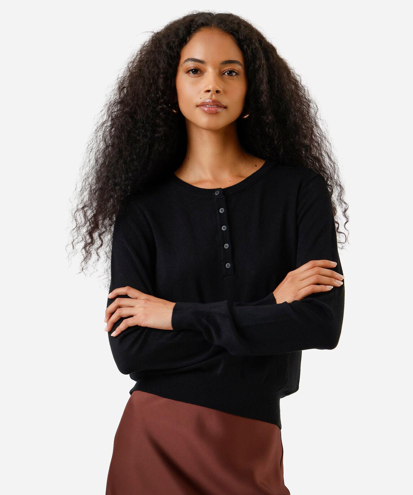 blusa feminina de tricot decote redondo manga longa preta