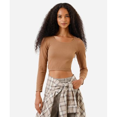 blusa de poliamida canelada cropped manga longa marrom