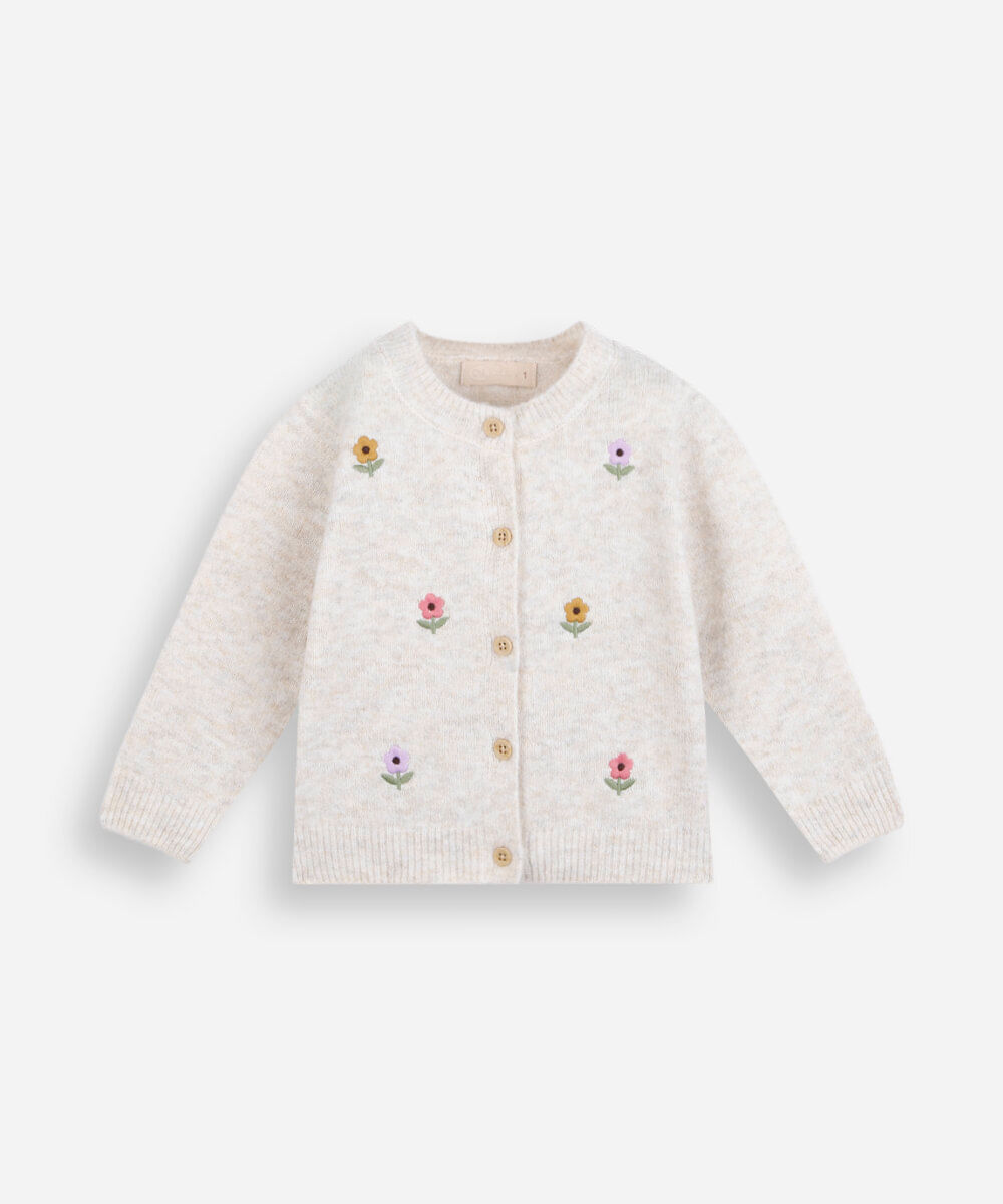 cardigan infantil de tricot com bordado floral bege