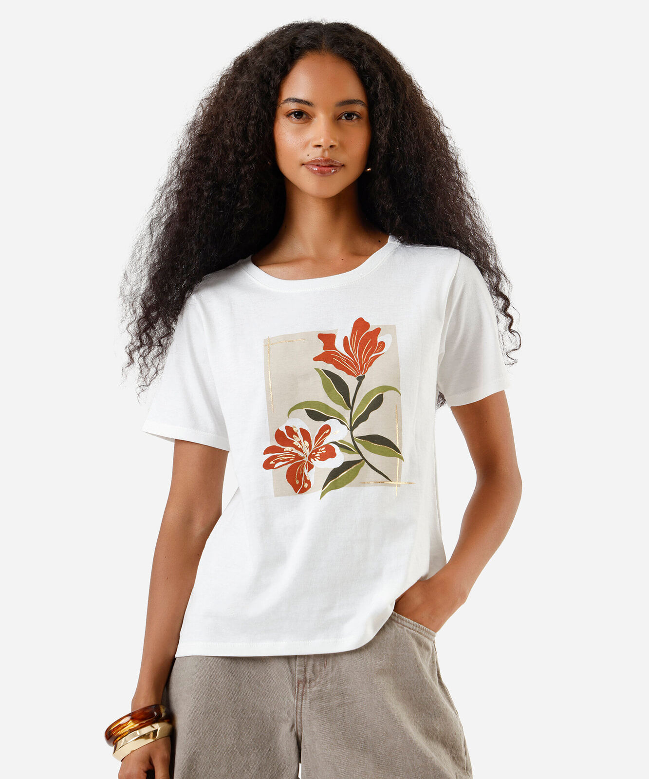 camiseta feminina de algodão floral off white
