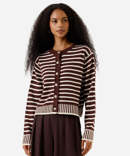cardigan feminino de tricot listrado marrom P