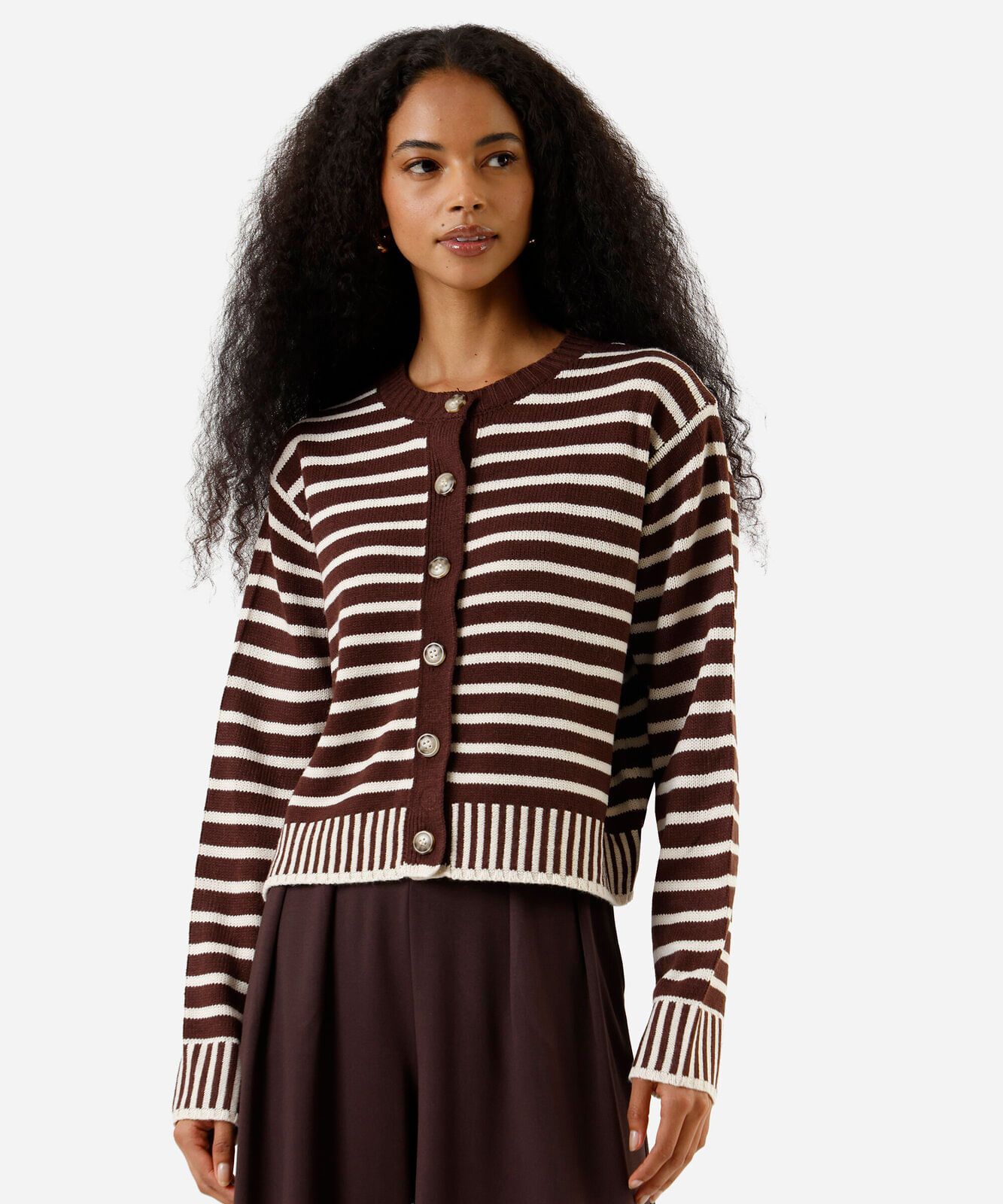 cardigan feminino de tricot listrado marrom