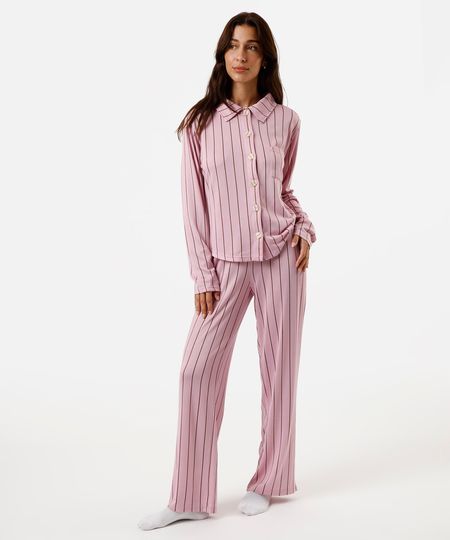 pijama longo feminino listrada rosa PP pijama longo feminino listrada rosa PP