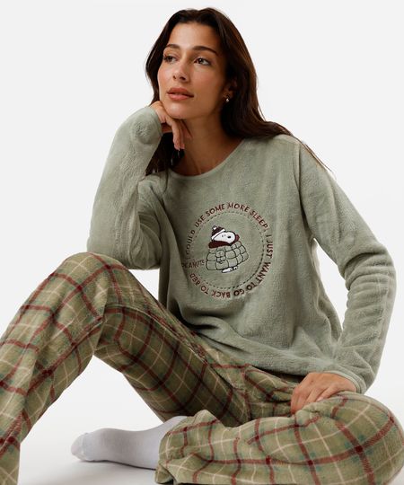 pijama longo feminino fleece snoopy verde M