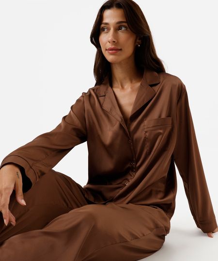 pijama longo americano feminino acetinado marrom PP