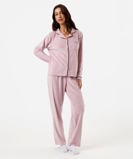 pijama americano longo de plush rosa PP