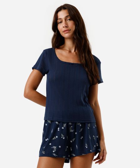 pijama short doll feminino floral azul M