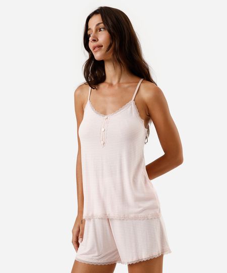 pijama short doll feminino de viscose com renda listrado rosa M pijama short doll feminino de viscose com renda listrado rosa M