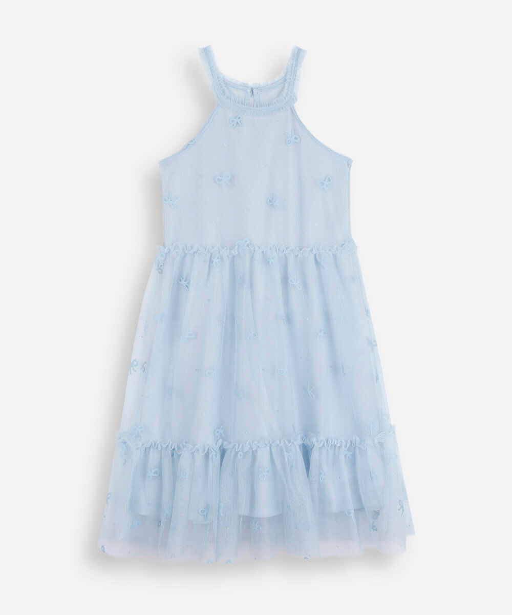 vestido infantil de tule com laços e recortes azul