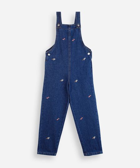 jardineira infantil jeans com bordados florais azul 4