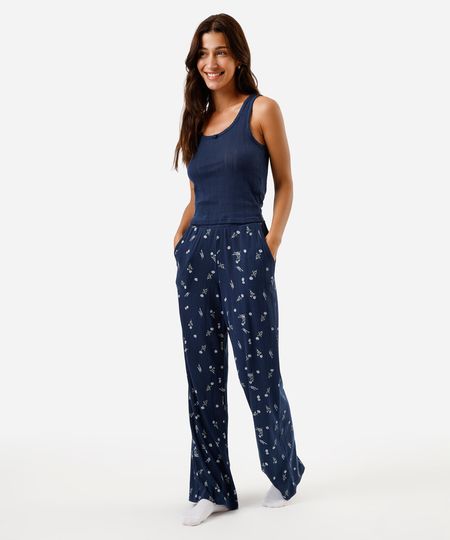 pijama longo feminino floral azul M