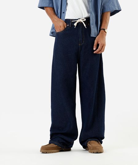 calça super baggy masculina jeans com cordão azul 38