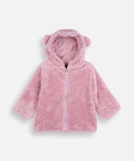 casaco infantil de pelúcia com capuz rosa 0-3 casaco infantil de pelúcia com capuz rosa 0-3