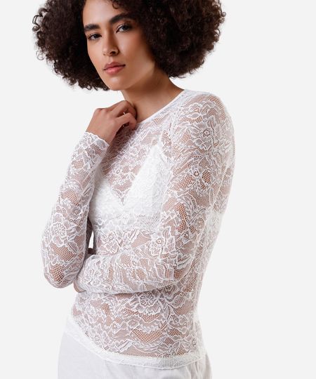 blusa segunda pele feminina de renda manga longa floral off white P blusa segunda pele feminina de renda manga longa floral off white P