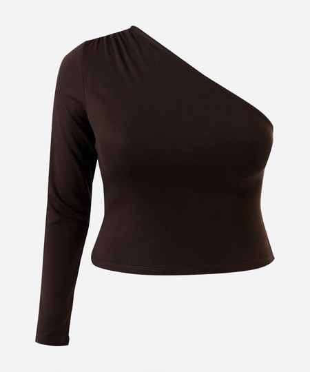 blusa ombro único feminina com viscose mindset plus size marrom GG1