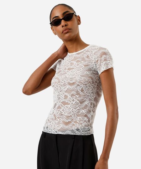 blusa feminina de renda manga curta off white M blusa feminina de renda manga curta off white M