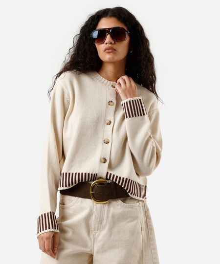 cardigan feminino de tricot listrado bege M cardigan feminino de tricot listrado bege M