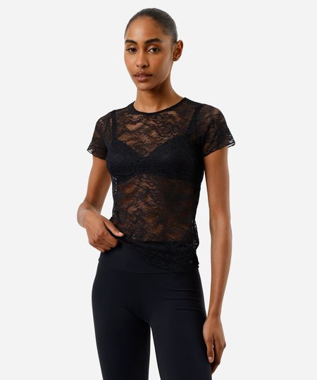 blusa feminina de renda manga curta preta P